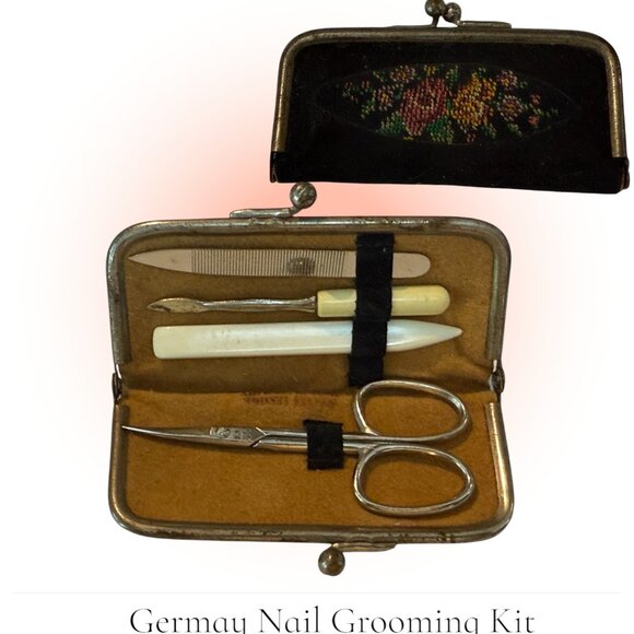 Vintage Germany Floral Needlepoint Leather Manicure Nail Grooming Travel KIT - Picture 1 of 6